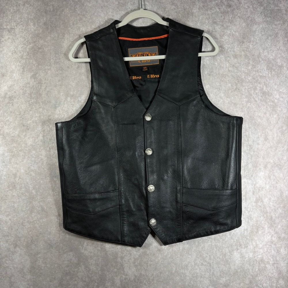 Unik‎ Ultra Vest Mens Size 44 Black Leather Biker Motorcycle Snap Front Riding